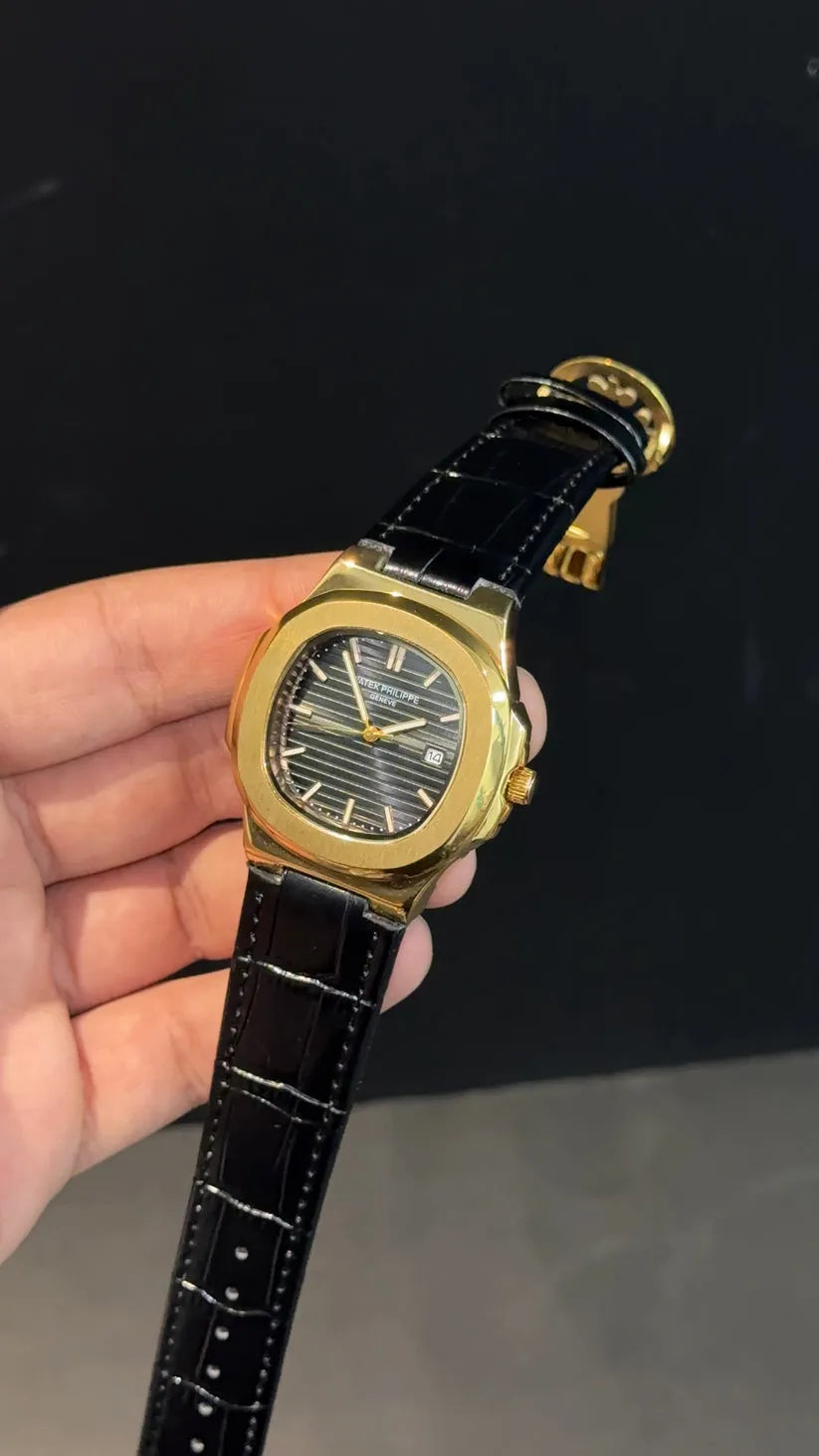 Patek Philipps  Gold bezel | Black Dial | Black Leather Strap