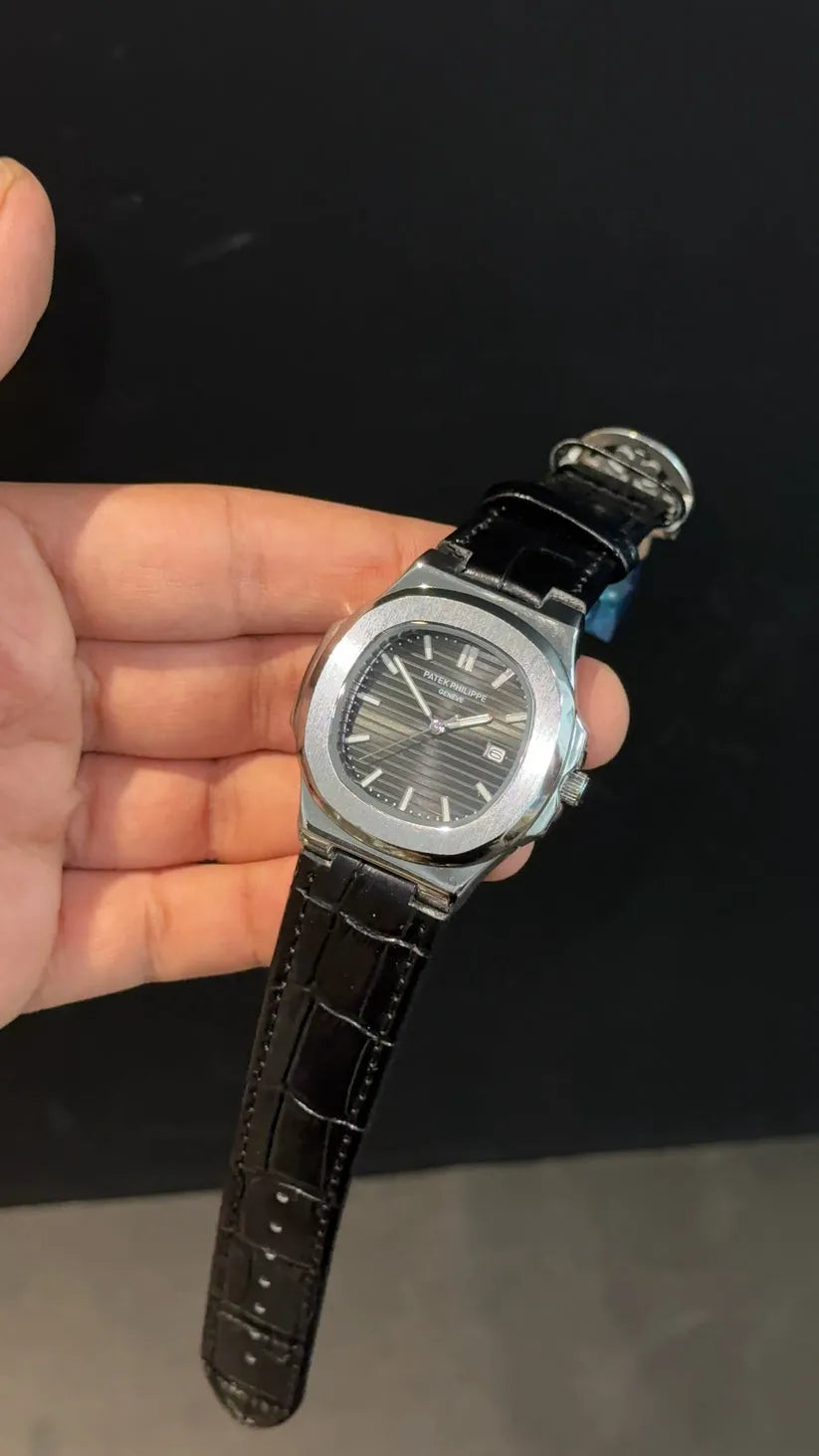 Patek Philipps Silver Bazeel | Black Leather Strap